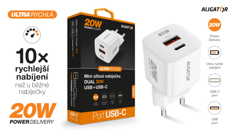 Rychlá nabíječka ALIGATOR Mini, PD 20W USB + USB-C, bílá