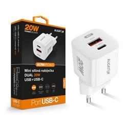 Rychlá nabíječka ALIGATOR Mini, PD 20W USB + USB-C, bílá