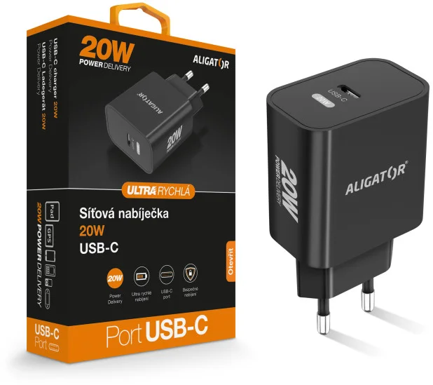 Rychlá nabíječka ALIGATOR PD 20W USB-C, černá