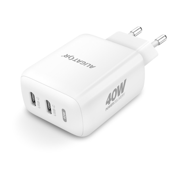 Rychlá nabíječka ALIGATOR, PD 40W, 2xUSB-C, USB-C/Lightning kabel, bílá