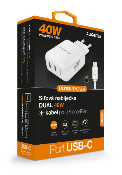 Rychlá nabíječka ALIGATOR, PD 40W, 2xUSB-C, USB-C/Lightning kabel, bílá
