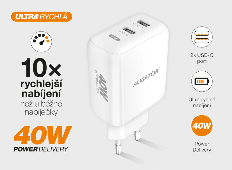 Rychlá nabíječka ALIGATOR, PD 40W, 2xUSB-C, USB-C/USB-C kabel, bílá