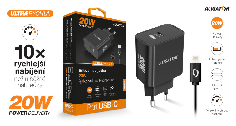 Rychlá nabíječka USB-C ALIGATOR PD 20W s kabelem USB-C/Lightning(iPhone), černá