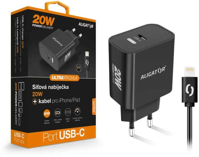 Rychlá nabíječka USB-C ALIGATOR PD 20W s kabelem USB-C/Lightning(iPhone), černá