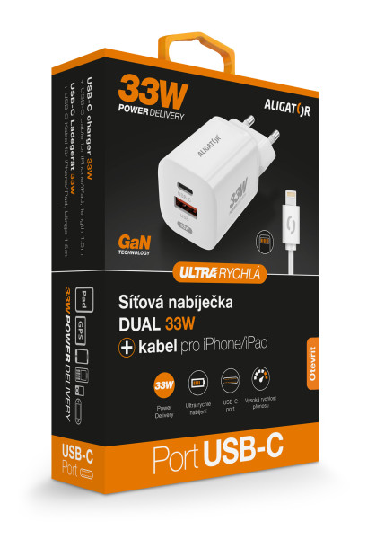Rýchlonabíjačka ALIGATOR GaN, PD 33 W, kábel USB-C/Lightning, biela
