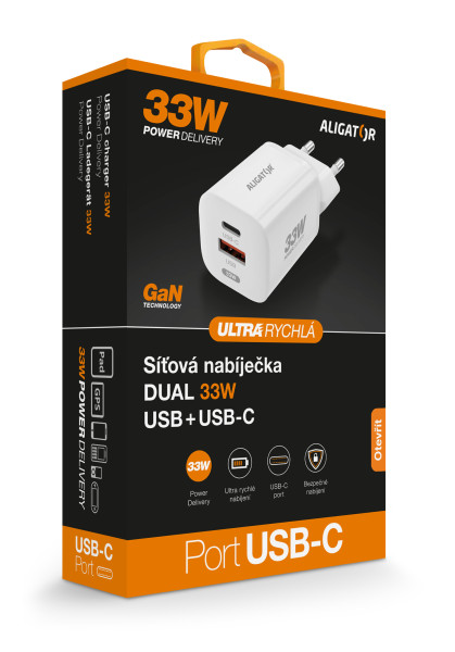 Rýchlonabíjačka ALIGATOR GaN, PD 33W USB + USB-C, biela