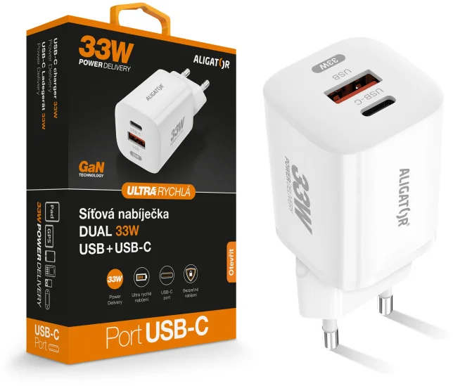 Rýchlonabíjačka ALIGATOR GaN, PD 33W USB + USB-C, biela