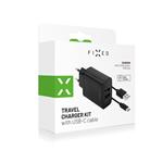 Set síťové nabíječky FIXED s 2xUSB výstupem a USB/USB-C kabelu, 1 metr, 15W Smart Rapid Charge, černá
