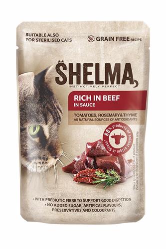 SHELMA Cat hovädzie mäso s paradajkami a bylinkami v omáčke, vrecko 85 g