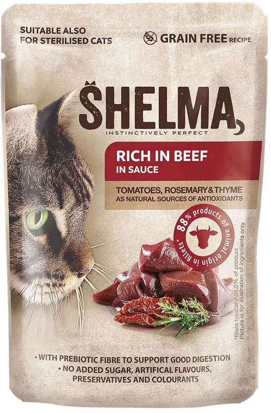SHELMA Cat hovězí s rajčaty a bylinkami v omáčce, kapsička 85 g