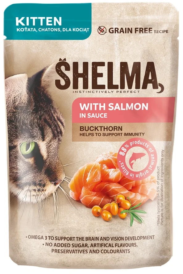 SHELMA Cat Kitten losos a rakytník v omáčce, kapsička 85 g