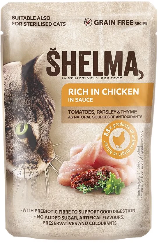 SHELMA Cat kuřecí s rajčaty a bylinkami v omáčce, kapsička 85 g