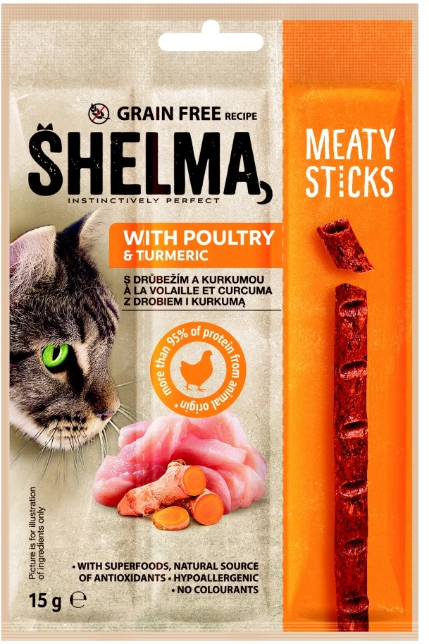SHELMA Tyčinky s hydinou a kurkumou GF 15 g