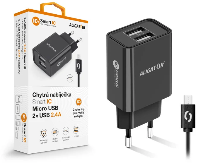 Sieťová nabíjačka ALIGATOR MicroUSB 2xUSB 2,4A, smart IC, čierna