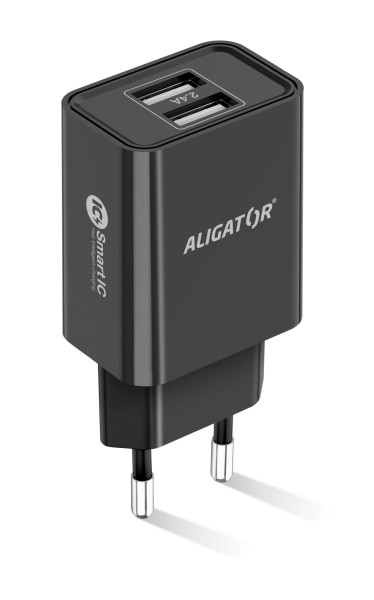 Sieťová nabíjačka ALIGATOR s výstupom 2xUSB, 2,4 A, smart IC, čierna