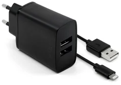 Sieťová nabíjačka FIXED s výstupom 2xUSB a káblom USB/Lightning, 1 m, certifikácia MFI, 15W Smart Rapid Charge, čierna