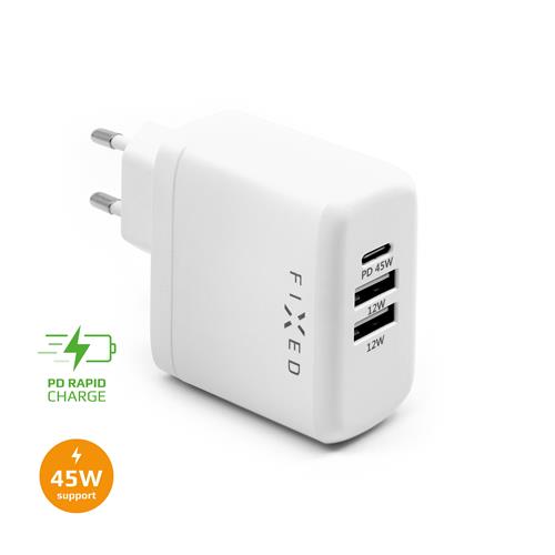 Sieťová nabíjačka FIXED s výstupom USB-C a 2xUSB, podpora PD, 45 W, biela