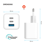 Síťová GaN nabíječka FIXED Mini s 2xUSB-C a USB, podpora PD, 65W, bílá