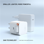 Síťová GaN nabíječka FIXED s 2xUSB-C, PD 3.0, samonavíjecí kabel, 65W, bílá