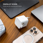 Síťová GaN nabíječka FIXED s 2xUSB-C, PD 3.0, samonavíjecí kabel, 65W, bílá