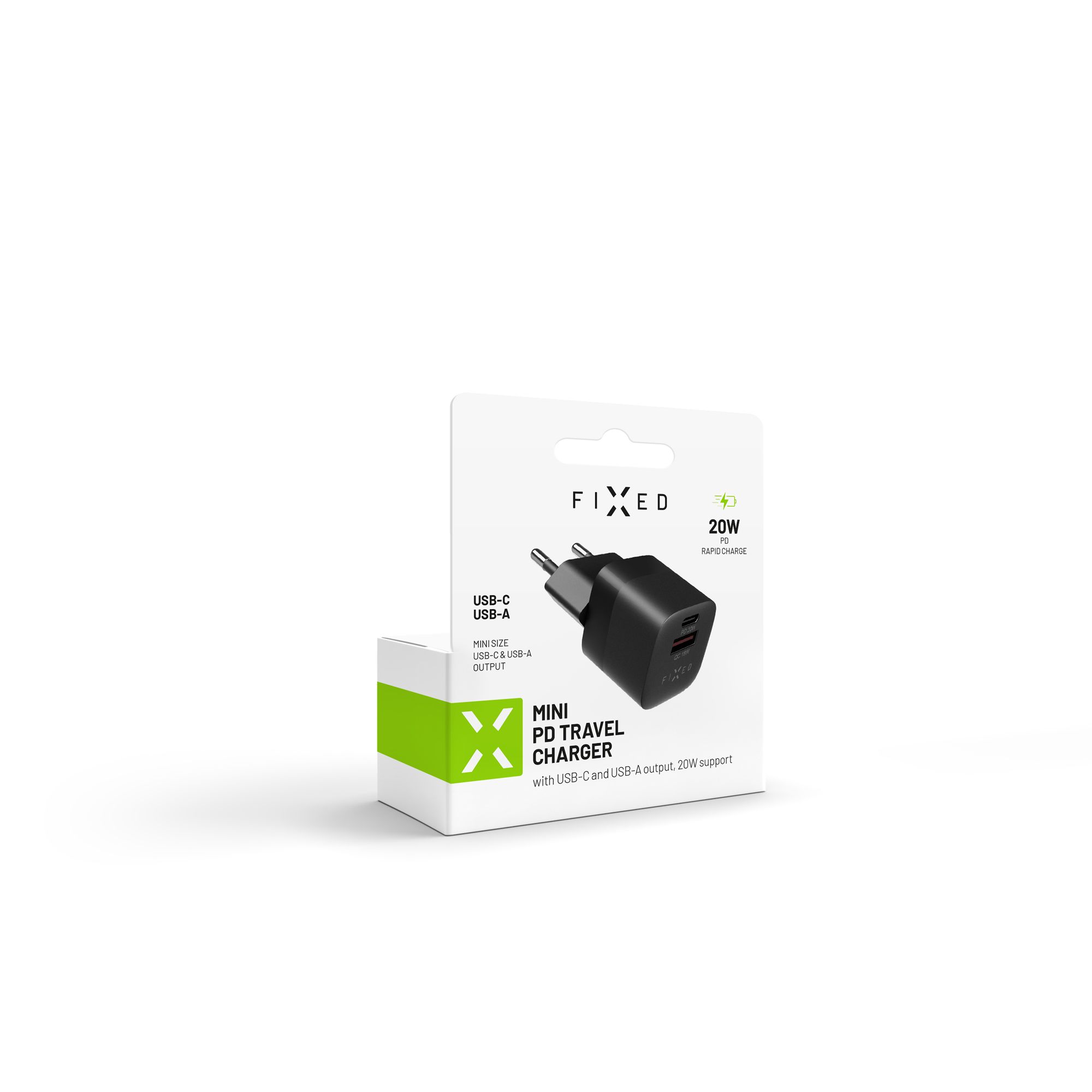 Síťová nabíječka FIXED Mini s USB-C a USB výstupem, podpora PD a QC 3.0, 20W, černý