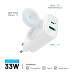 Síťová nabíječka FIXED Power Socket s USB-A a USB-C, Apple Watch, 33W, bílá