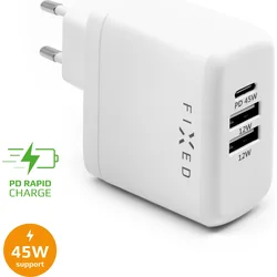 Síťová nabíječka FIXED s USB-C a 2xUSB výstupem, podpora PD, 45W, bílá