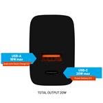 Síťová nabíječka FIXED s USB-C a USB výstupem, podpora PD a QC 3.0, 20W, černá