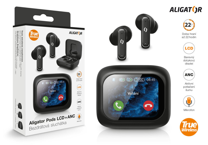 Slúchadlá Bluetooth Aligator Pods LCD + ANC, čierne