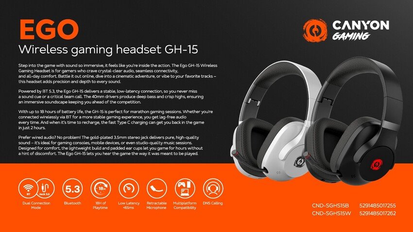 Slúchadlá CANYON EGO GH-15 2v1 BT Black