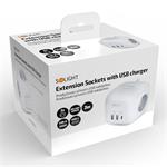 Solight 3z + USB A+C predlžovací kábel - kocka, kábel 2 m, 3 x 1 mm2, biely, vypínač