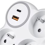 Solight hub, 3x 16A, rýchlonabíjačka USB A+C 20W PD, bielo-sivá