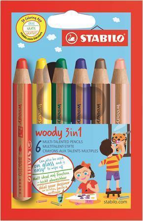 STABILO Barevné pastelky "Woody", 6 barev, maxi, 3v1 – pastelky, vodovka, voskovka