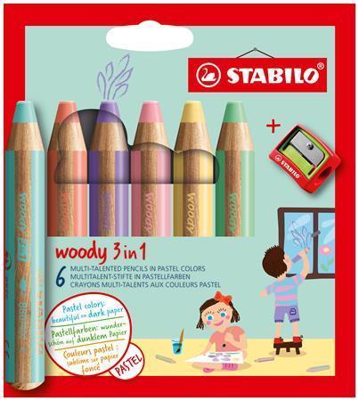 STABILO Barevné pastelky "Woody", 6 pastelových barev, maxi, 3v1 – pastelka, vodovka, voskovka 8806