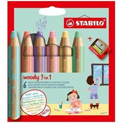 STABILO Barevné pastelky "Woody", 6 pastelových barev, maxi, 3v1 – pastelka, vodovka, voskovka 8806