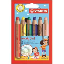 STABILO Farebné ceruzky "Woody", 6 farieb, maxi, 3v1 - pastelky, akvarelová ceruzka, voskovka