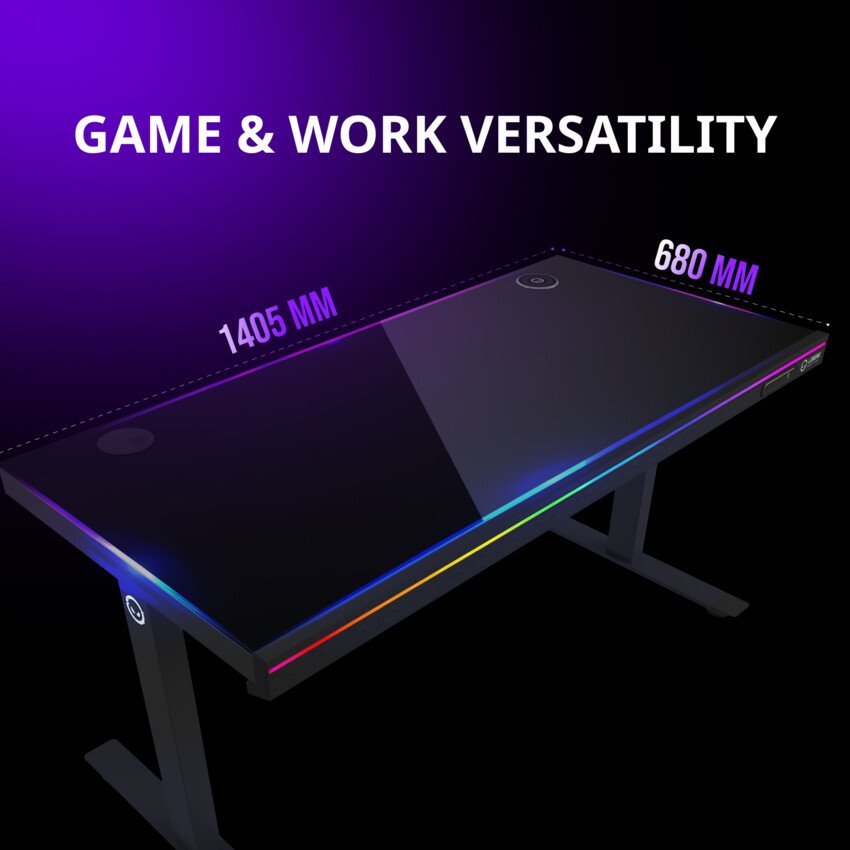Stôl LORGAR s nastaviteľnou výškou, bezdrôtovou nabíjačkou, osvetlením RGB a portami USB, tvrdené sklo, čierny