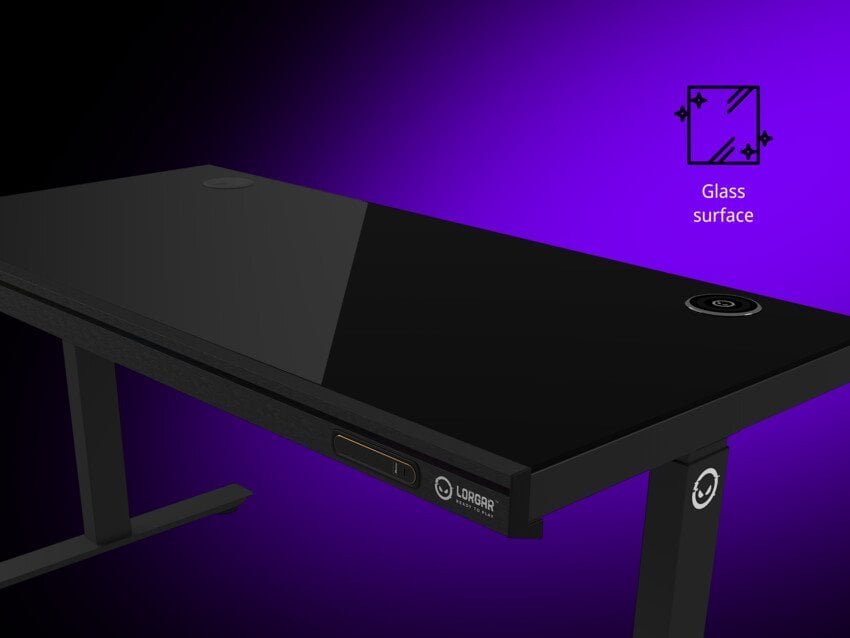 Stôl LORGAR s nastaviteľnou výškou, bezdrôtovou nabíjačkou, osvetlením RGB a portami USB, tvrdené sklo, čierny