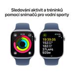 Strieborné hliníkové puzdro Apple Watch Series 10 GPS 42 mm so športovým denimovým remienkom - S/M (MWWA3QC/A)