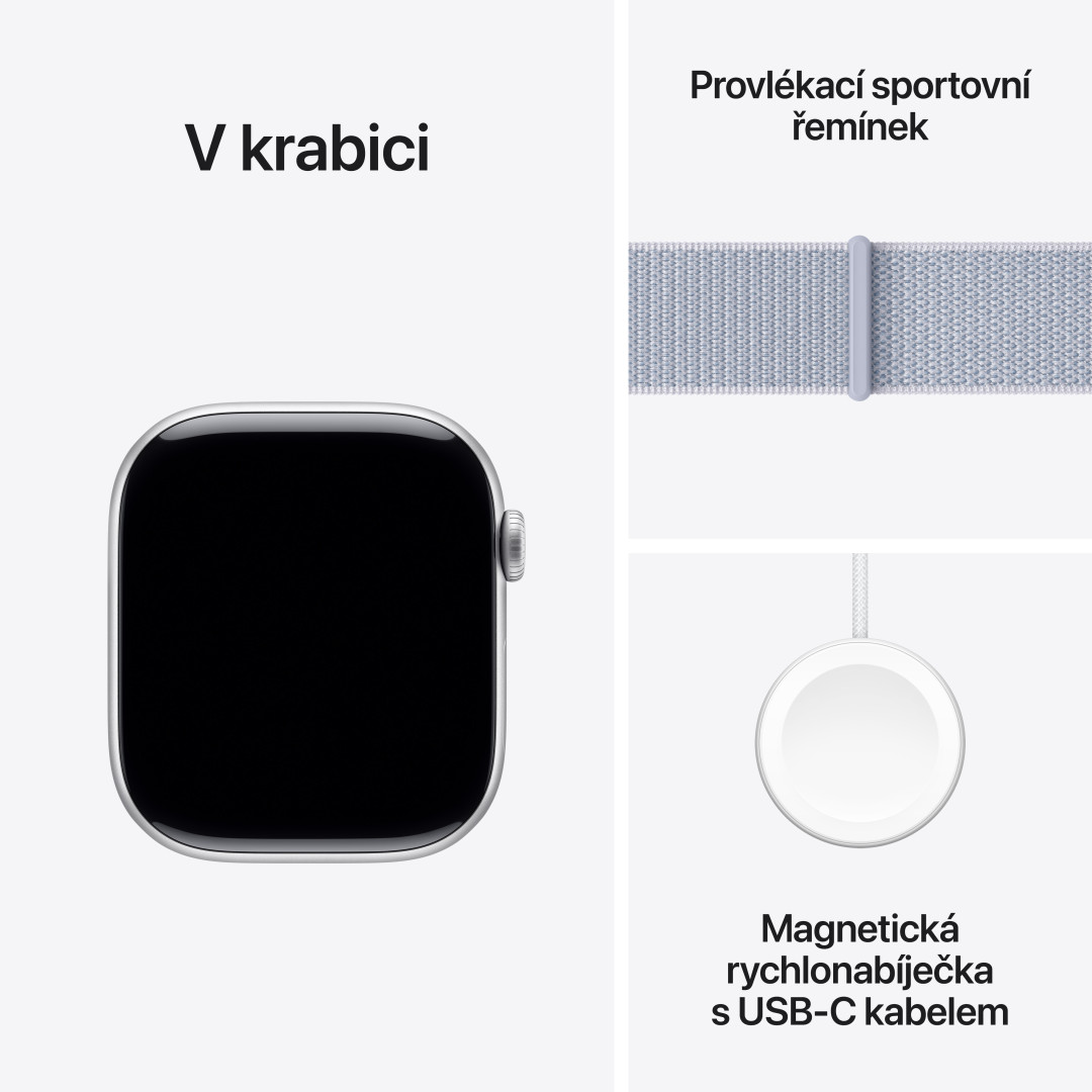 Strieborné hliníkové puzdro Apple Watch Series 10 GPS + Cellular 42 mm so športovou slučkou Blue Cloud (MWX53QC/A)
