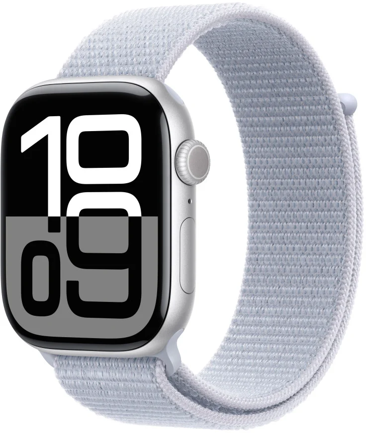 Strieborné hliníkové puzdro Apple Watch Series 10 GPS + Cellular 42 mm so športovou slučkou Blue Cloud (MWX53QC/A)