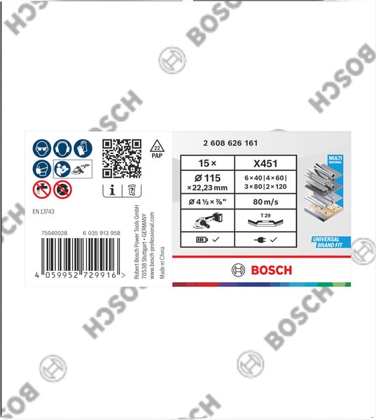 Súprava brúsnych kotúčov BOSCH X451, 115 × 22,23 mm, G40; 60; 80; 120, T29, 15 ks (2.608.626.161)