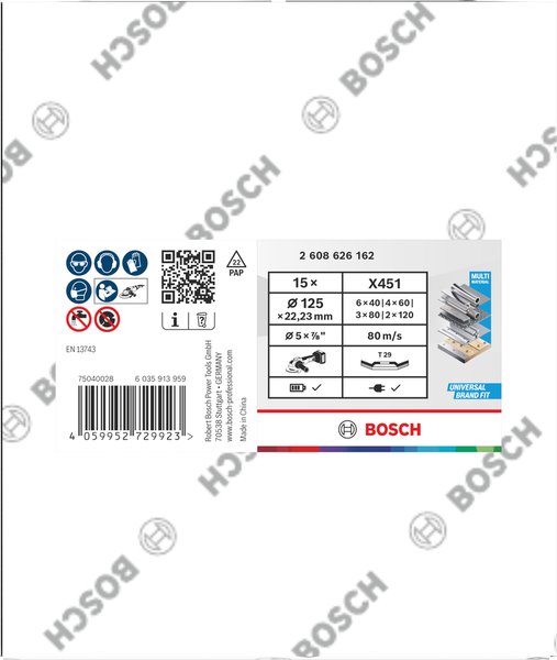 Súprava brúsnych kotúčov BOSCH X451, 125 × 22,23 mm, G40; 60; 80; 120, T29, 15 ks (2.608.626.162)