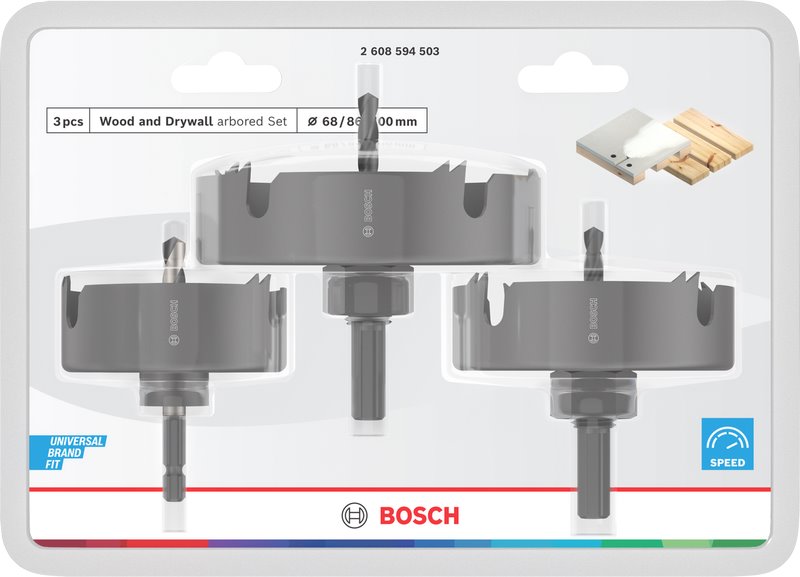 Súprava dierovačov BOSCH do dreva a sadrokartónu, 68; 86; 100 × 27 mm (2.608.594.503)