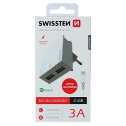 Swissten adaptér Smart IC 2× USB 3A + Lightning kabel, bílý  