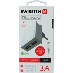 Swissten adaptér Smart IC 2× USB 3A + Lightning MFi kabel, bílý  