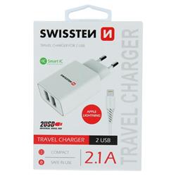 Swissten adaptér Smart IC 2× USB + Lightning, bílý  