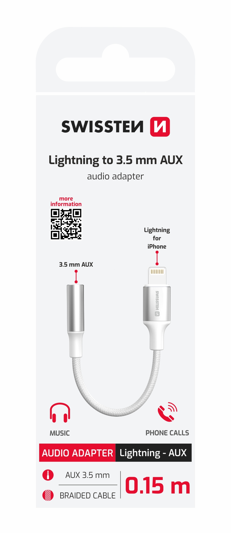 Swissten Audio adaptér Lightning / 3,5 mm AUX 0,15 m, biely