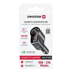 Swissten auto adaptér CL + USB-C + USB-A, 108–216 W