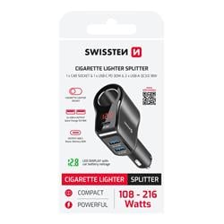Swissten Autoadaptér 1x CL, 1x USB-C PD a 2x USB-A 108W–216W